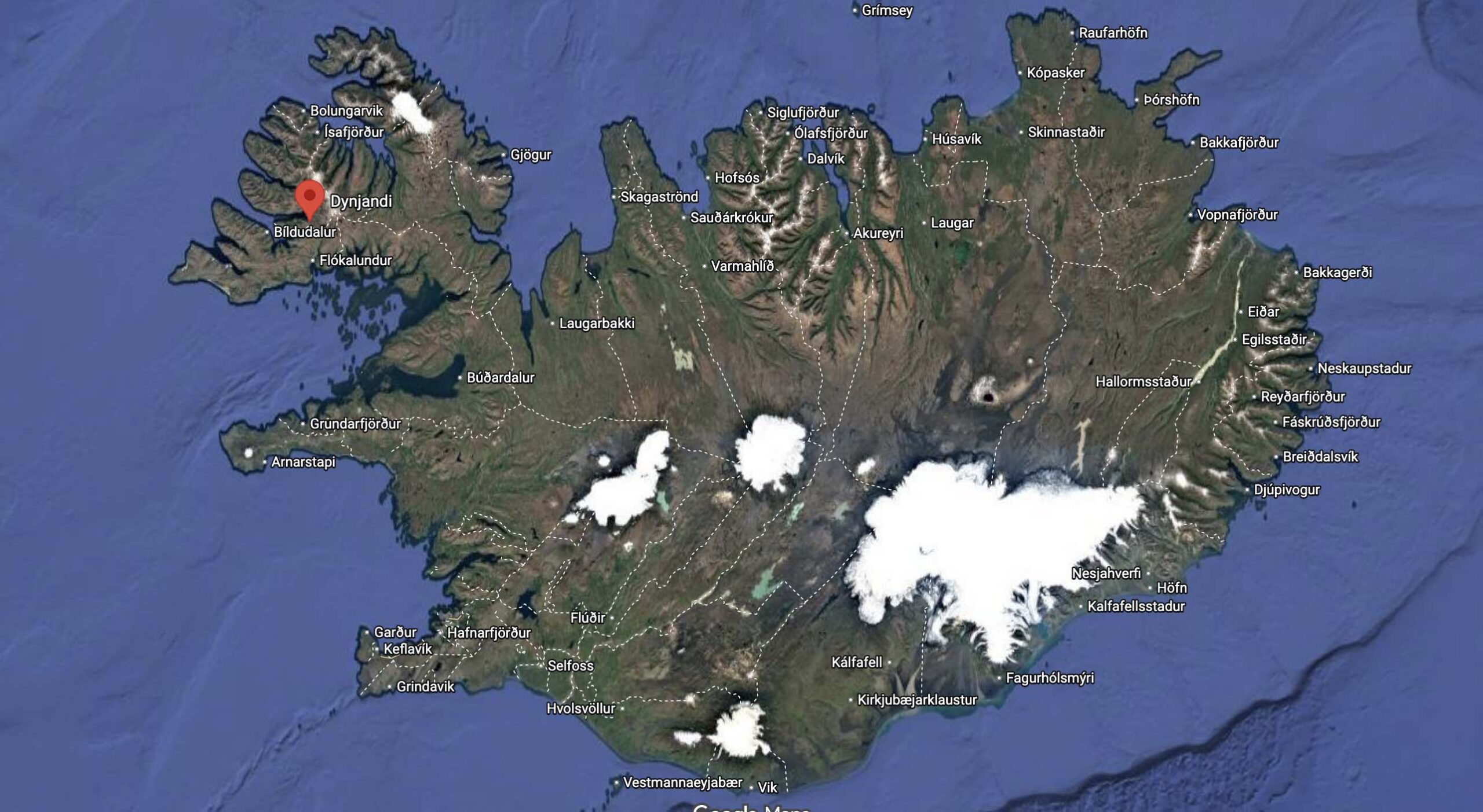 Dynjandi waterfall location on google map in Iceland